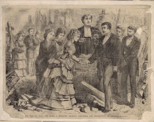 A Wedding Amid the Ruins - A romantic incident following the destruction of Chicago, illustration from Harper